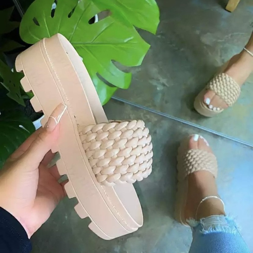 Cream platform basket sandals